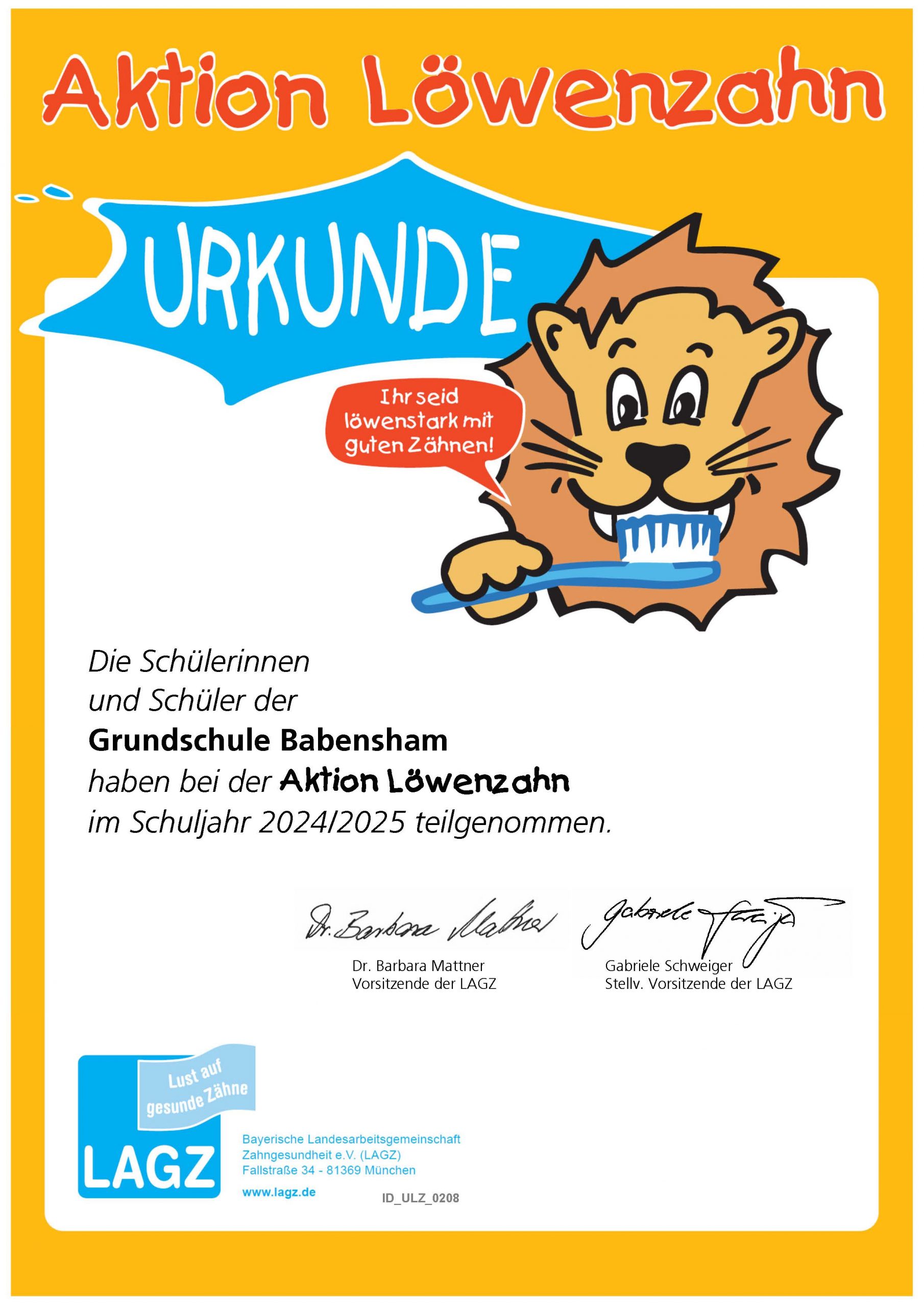Urkunde der Aktion Löwenzahn