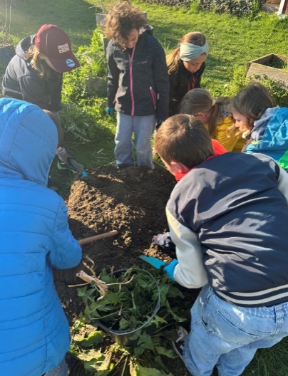 Kinder bereiten das Beet für die Sonnenblumen vor